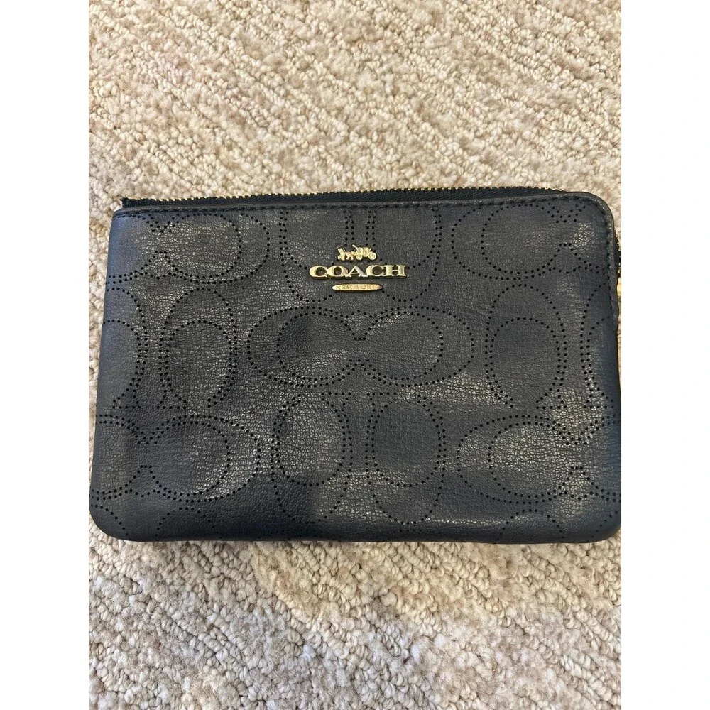 Coach Navy Signature Wristlet Card Holder with Gold Logo